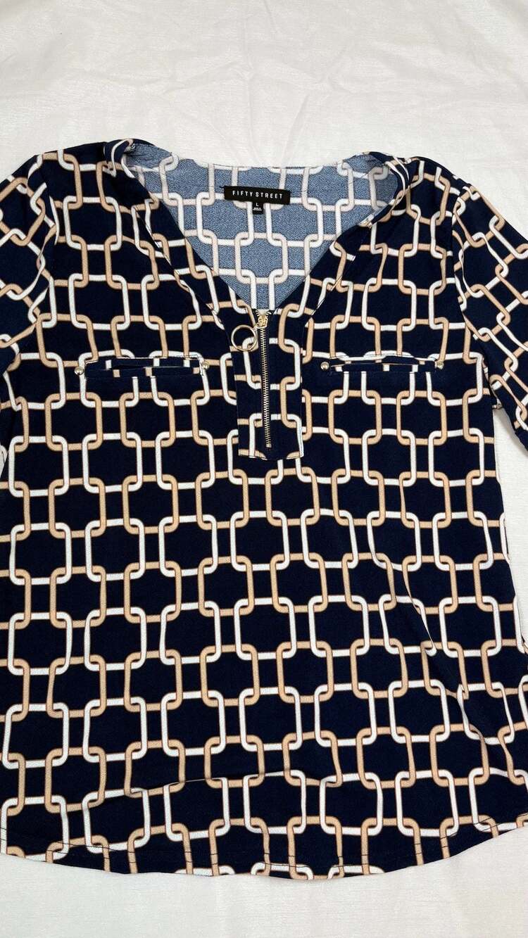 Fifty Street Blouse Size L Geometric Chain Print Zip V-Neck